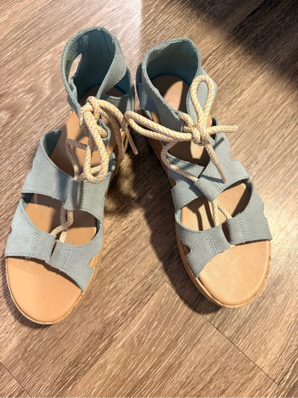 Sorel Womens Light Blue Lace-Up Cork Wedge Sandals